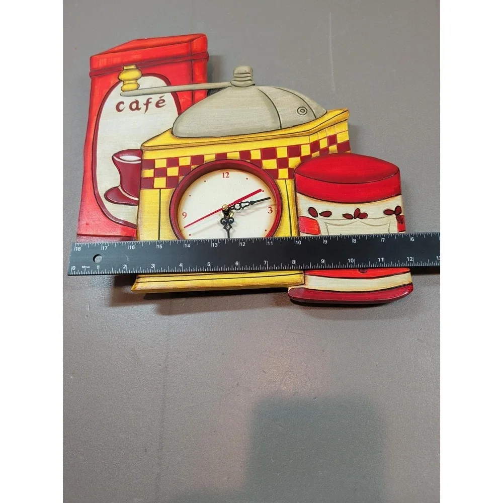 Giftcraft Vintage Kitchen Wall Clock Coffee Grinder Cafe Wood Hand Painted Red